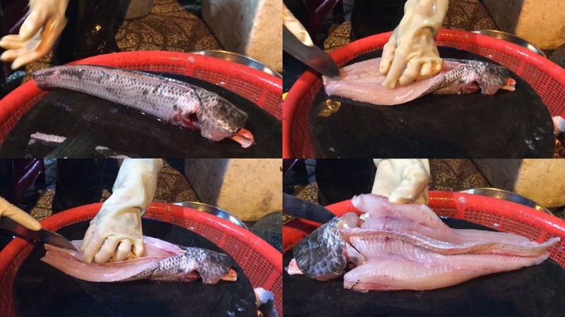 Dùng dao để lọc xương cá lóc